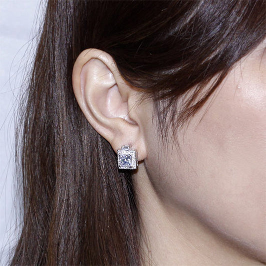 1 CT. Princess Cut Halo Simulated Diamond Stud Earrings in Sterling Silver