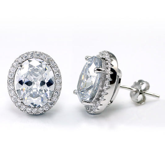Aretes de plata de ley con halo ovalado de diamantes simulados de 3 quilates