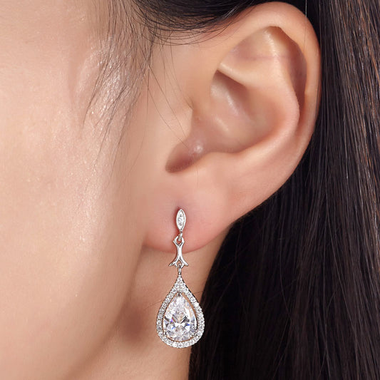 2 CT. Vintage Pear Halo Simulated Diamond Drop Earrings in Sterling Silver