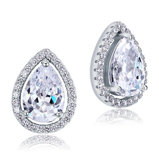 Aretes de plata de ley con halo de diamantes simulados de talla pera de 2 quilates.
