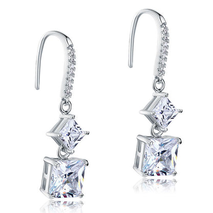 Aretes colgantes de diamantes simulados de talla princesa de 2 quilates en plata de ley