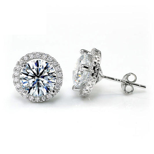 Aretes de plata de ley con halo redondo de diamantes simulados de 2 quilates
