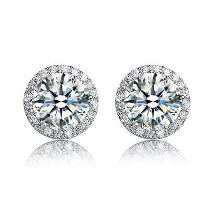 Aretes de plata de ley con halo redondo de diamantes simulados de 2 quilates