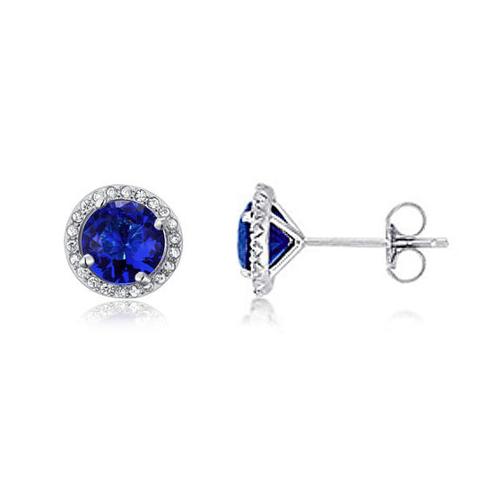 1 CT. Blue Simulated Sapphire Halo Stud Earrings in Sterling Silver