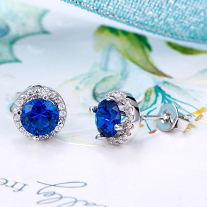 1 CT. Blue Simulated Sapphire Halo Stud Earrings in Sterling Silver