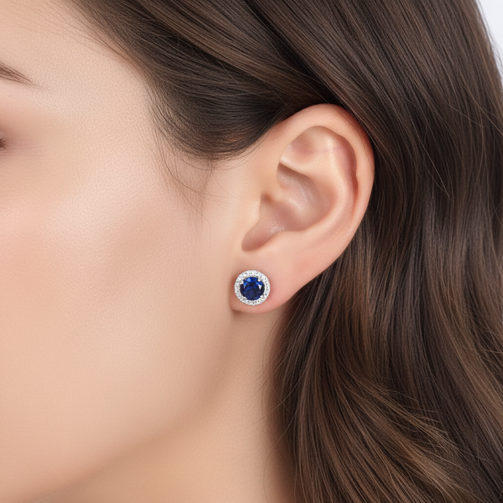 1 CT. Blue Simulated Sapphire Halo Stud Earrings in Sterling Silver