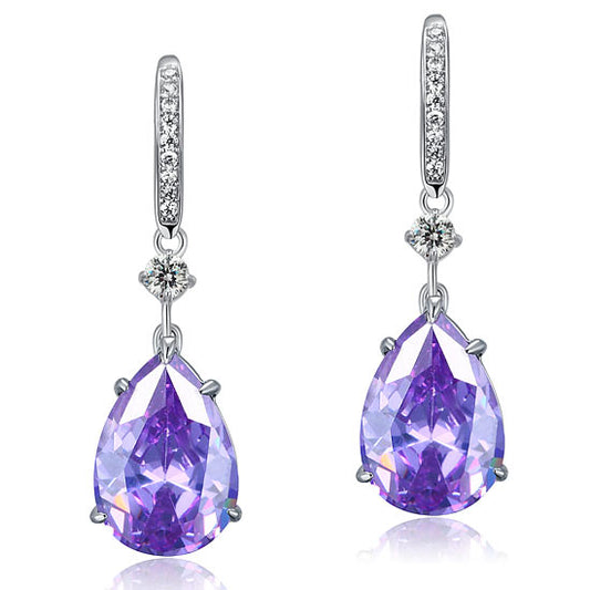 Aretes colgantes de zafiro morado simulado de talla pera de 4 quilates en plata de ley