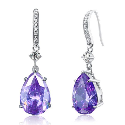 Aretes colgantes de zafiro morado simulado de talla pera de 4 quilates en plata de ley