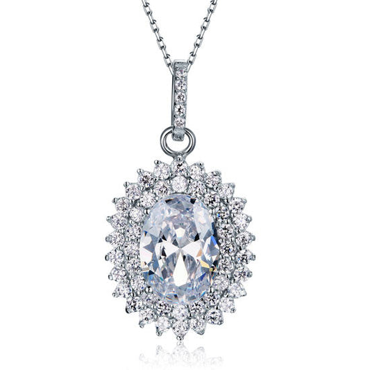 Collar con colgante de flor de diamante simulado de doble halo ovalado de 6 quilates en plata de ley.