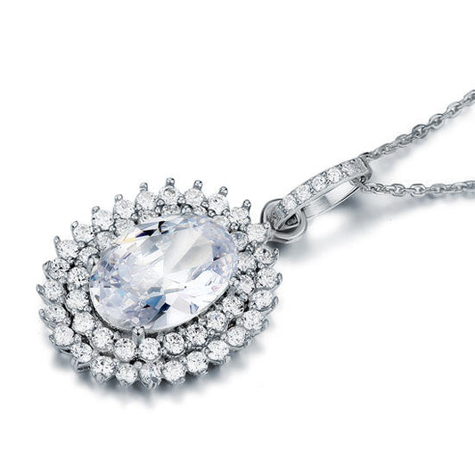 Collar con colgante de flor de diamante simulado de doble halo ovalado de 6 quilates en plata de ley.