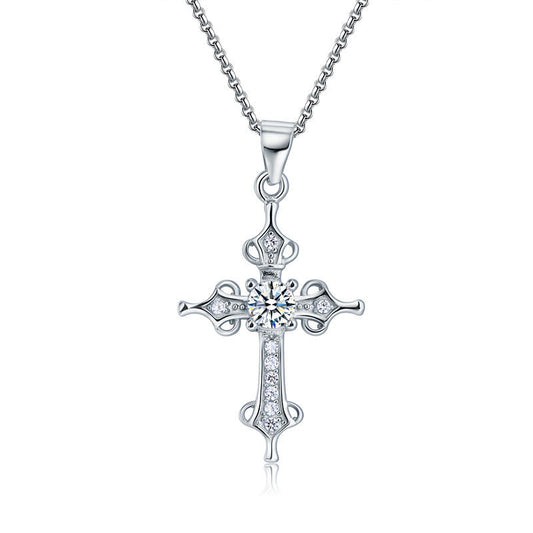 Collar con colgante de cruz de diamantes simulados de estilo medieval en plata de ley