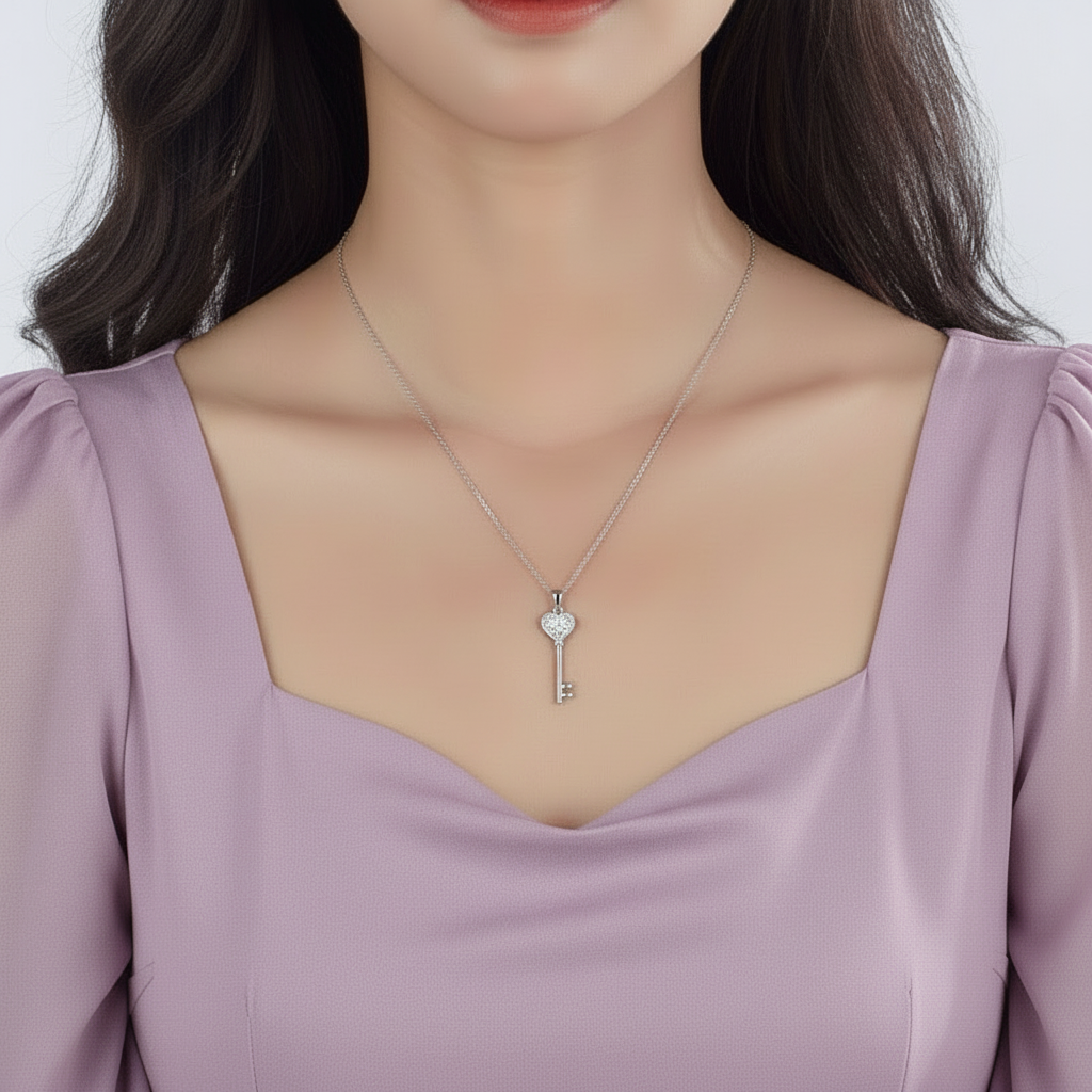 Collar con colgante de diamante simulado Love Key en plata de ley