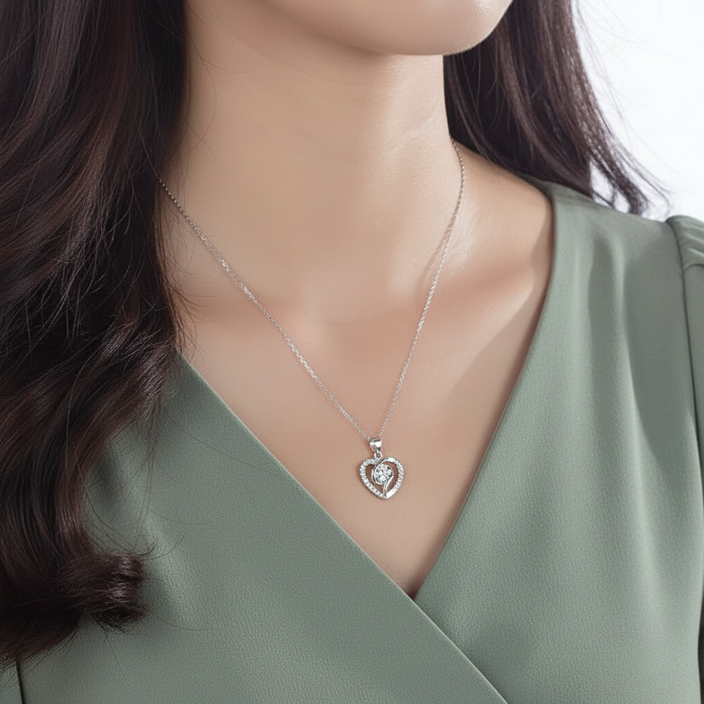 Collar con colgante de corazón de diamantes simulados en plata de ley