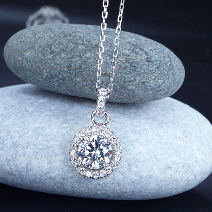 1 CT. Round Simulated Diamond Halo Pendant Necklace in Sterling Silver