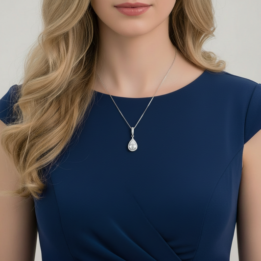 3 CT. Clear Simulated Diamond Teardrop Halo Pendant Necklace in Sterling Silver
