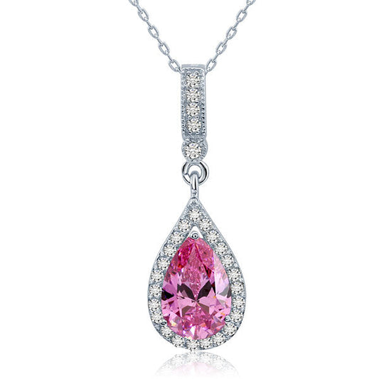 Collar con colgante de halo de lágrima con diamantes simulados rosas de 3 quilates en plata de ley