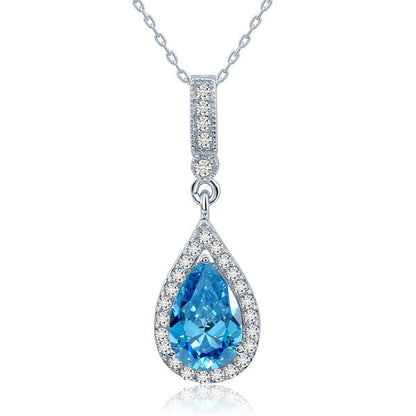 Collar con colgante de halo de lágrima de diamantes simulados azul agua de 3 quilates en plata de ley
