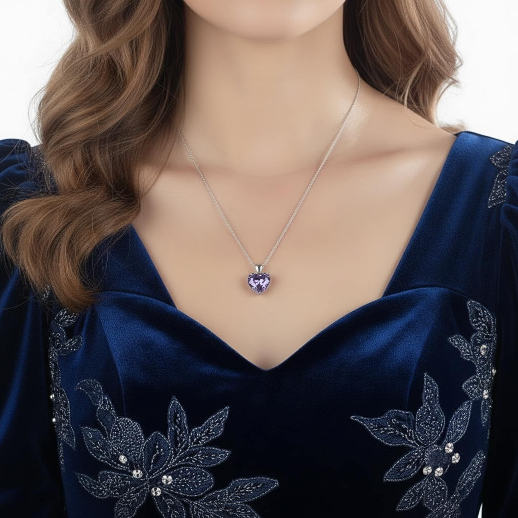 Collar con colgante de diamante simulado morado de 5 quilates en corte de corazón en plata de ley.