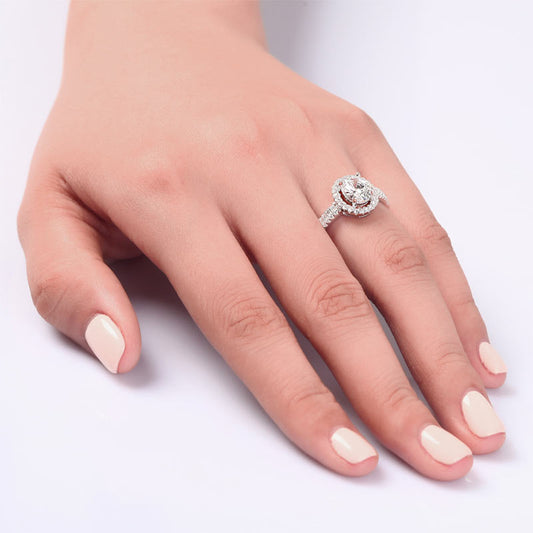 1.5 CT. Oval Cut Simulated Diamond Halo Ring in Sterling Silver