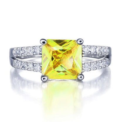 Anillo de doble cuerpo con diamante simulado amarillo de talla princesa de 2 quilates en plata de ley