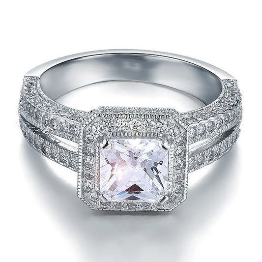 1.5 CT. Princess Cut Simulated Diamond Halo Double Shank Vintage Ring in Sterling Silver