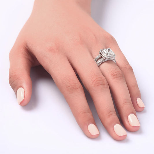 1.5 CT. Princess Cut Simulated Diamond Halo Double Shank Vintage Ring in Sterling Silver