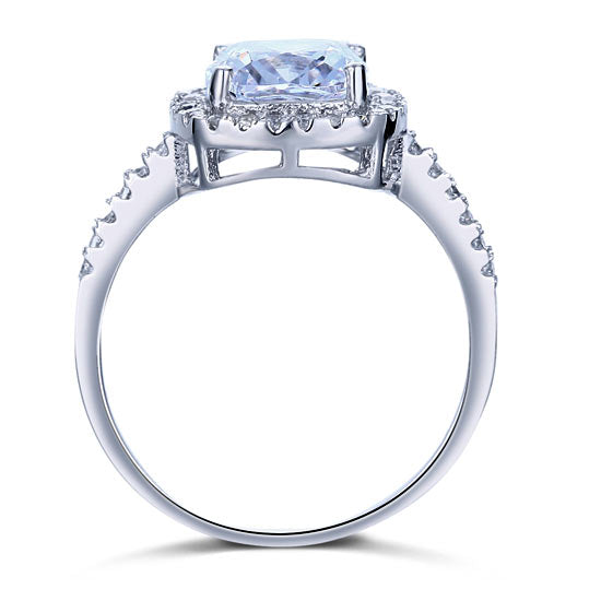 Anillo de halo de diamantes simulados de talla cojín de 3 quilates en plata de ley