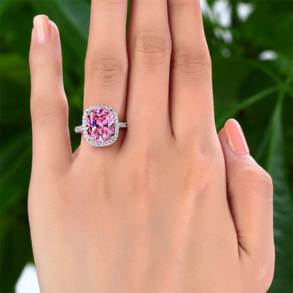 Anillo de plata de ley con halo de diamantes simulados rosas de talla cojín de 6 quilates