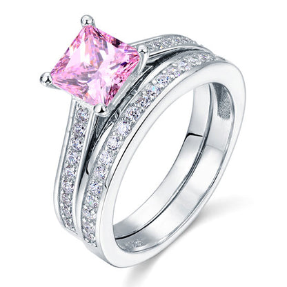 Conjunto nupcial de diamantes simulados rosas de talla princesa de 1,5 quilates en plata de ley.