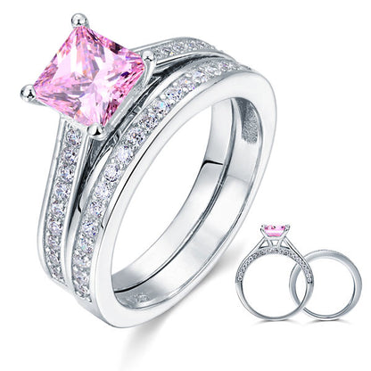 Conjunto nupcial de diamantes simulados rosas de talla princesa de 1,5 quilates en plata de ley.