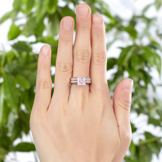 Parure de mariage en argent sterling avec diamants synthétiques roses taille princesse de 1,5 carat