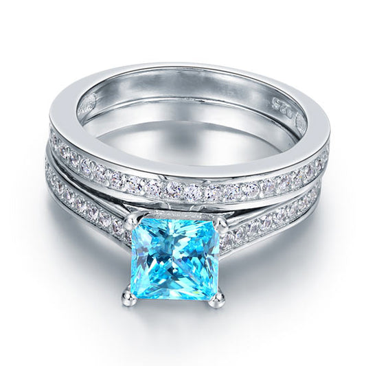 Parure de mariage en argent sterling avec diamants synthétiques bleu aqua taille princesse de 1,5 carat