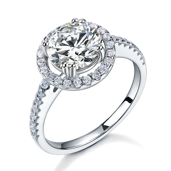 Anillo de halo de diamantes simulados redondos de 2 quilates en plata de ley