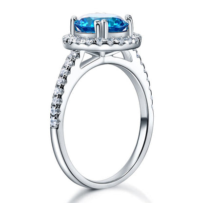 2 CT. Round Aqua Blue Simulated Diamond Halo Ring in Sterling Silver