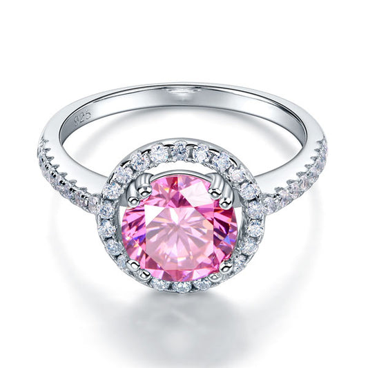 Anillo de halo de diamantes simulados rosados redondos de 2 quilates en plata de ley