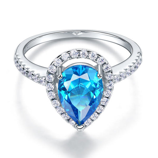 2 CT. Pear Cut Aqua Blue Simulated Diamond Halo Ring in Sterling Silver
