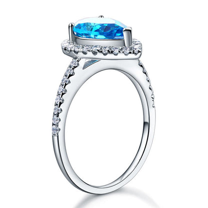 2 CT. Pear Cut Aqua Blue Simulated Diamond Halo Ring in Sterling Silver