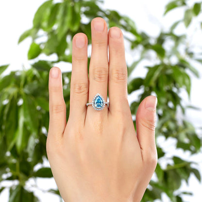 2 CT. Pear Cut Aqua Blue Simulated Diamond Halo Ring in Sterling Silver