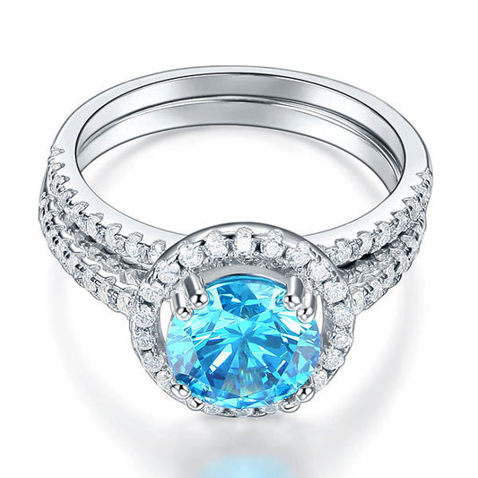2 CT. Round Halo Aqua Blue Simulated Diamond Bridal Set in Sterling Silver