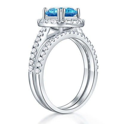 2 CT. Round Halo Aqua Blue Simulated Diamond Bridal Set in Sterling Silver