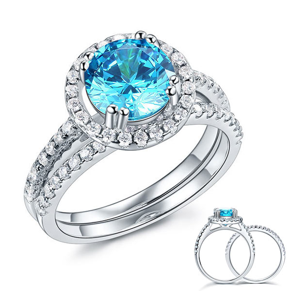 2 CT. Round Halo Aqua Blue Simulated Diamond Bridal Set in Sterling Silver