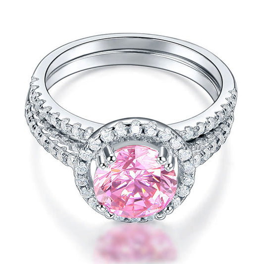 2 CT. Round Halo Pink Simulated Diamond Bridal Set in Sterling Silver