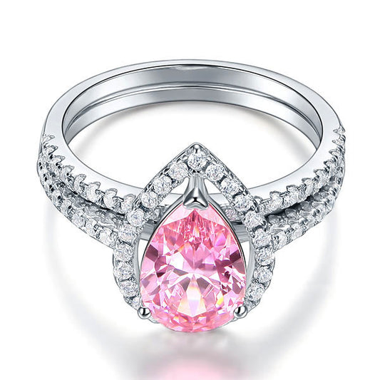 2 CT. Pear Cut Pink Simulated Diamond Halo Bridal Set in Sterling Silver