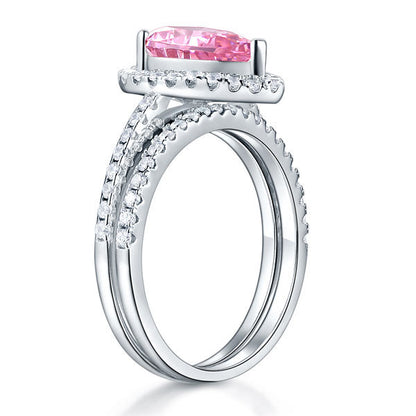 2 CT. Pear Cut Pink Simulated Diamond Halo Bridal Set in Sterling Silver