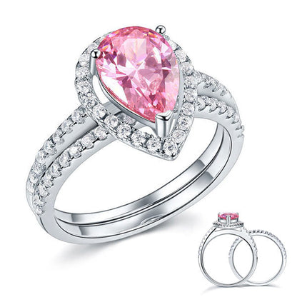 2 CT. Pear Cut Pink Simulated Diamond Halo Bridal Set in Sterling Silver