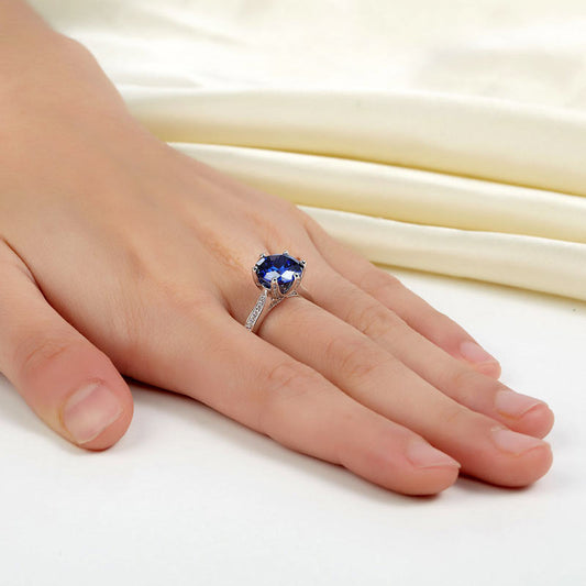 Anillo de diamantes redondos azules simulados de 3 quilates en plata de ley
