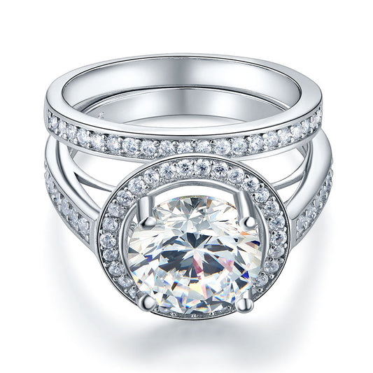 Conjunto nupcial de diamantes simulados con halo redondo de 3,5 quilates en plata de ley