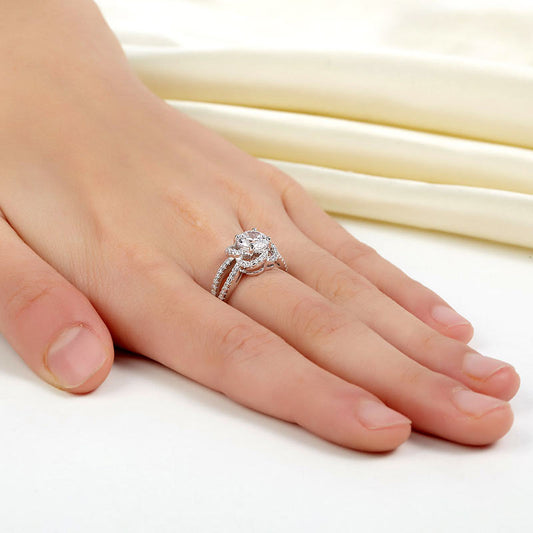1 CT. Round Brilliant Cut Simulated Diamond Floral Halo Ring in Sterling Silver