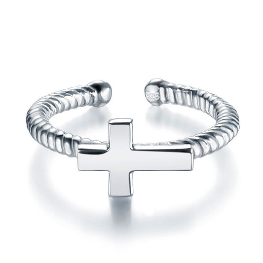 Bague ajustable en argent sterling avec croix pour fille