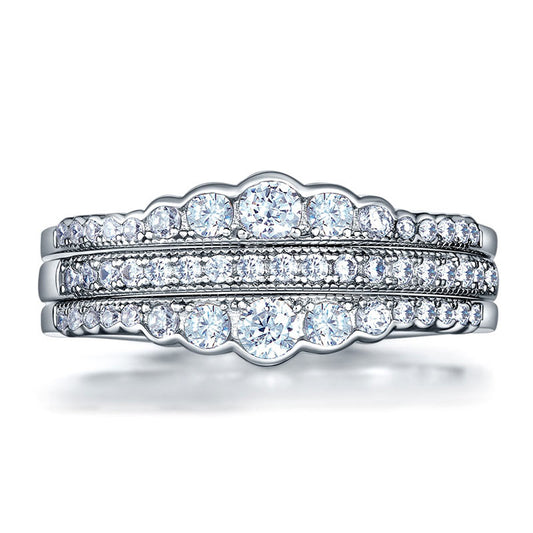 Anillo de bodas de aniversario de tres piezas con diamantes simulados pavé en plata de ley